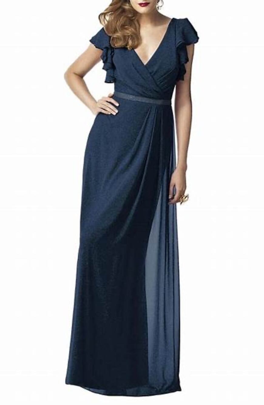 Dessy Collection 2874LS Midnight Gold Shimmer V Neck Wrap Maxi Dress Size 8 New